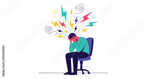 Man sits hunched and distressed, holding his head, with colorful chaotic lightning and swirls radiating from his mind, symbolizing severe stress and mental overload.