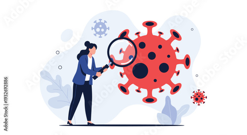Woman uses a magnifying glass to meticulously examine a large red coronavirus particle, symbolizing virus research, health crises, and epidemiology.