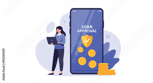 Woman uses a laptop next to a giant smartphone displaying "LOAN APPROVAL" with coins, symbolizing quick and easy financial loan services.