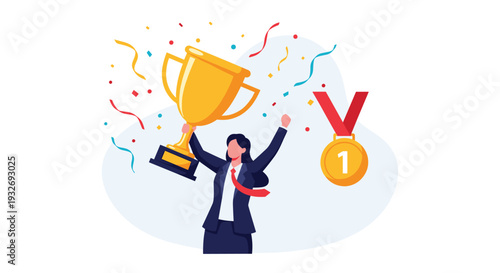 Joyful businesswoman celebrates a major business success, holding a golden trophy with confetti and a number one medal in the background.