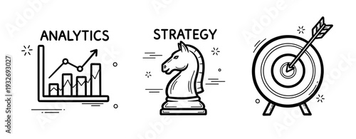 Analytics strategy target illustration featuring graph, chess knight, and bullseye