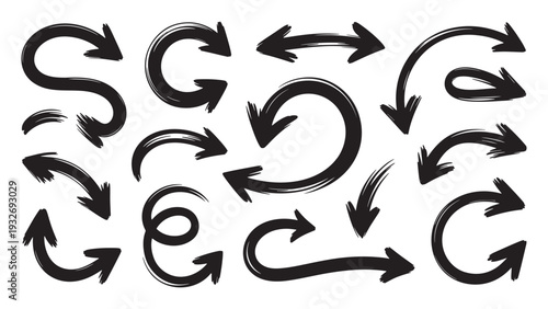 Dynamic Set of Hand-Drawn Black Arrows, Directional Signs and Curved Lines, Graphic Design Elements
