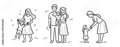 Happy family moments: caucasian parents with children in playful and loving scenes