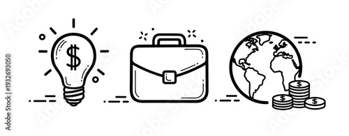 Business innovation and global finance: lightbulb, briefcase, world with coins