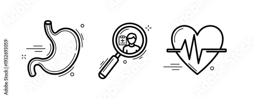 Healthcare icons: stomach, patient search, heart health symbols