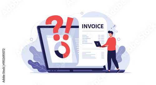 Man works on a laptop next to a large screen displaying an "INVOICE" with question marks, symbolizing billing issues, financial problems, or invoice queries.