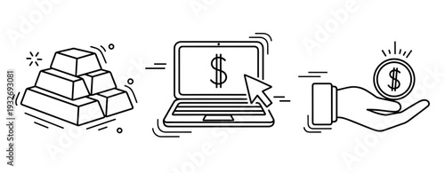 Gold bars, laptop with dollar symbol, and hand with coin line icons
