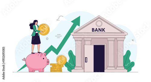 Woman stands on a piggy bank, holding coins, beside a bank building with an upward arrow, symbolizing savings, investment, and financial growth.
