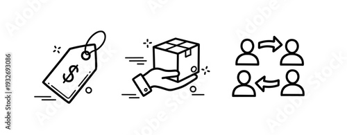 E-commerce icon set with price tag, hand holding package, and user exchange