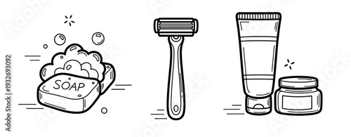 Sketched soap bar, razor, and skincare tubes for grooming and hygiene