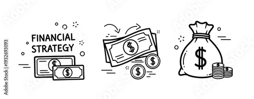 Financial strategy concept with dollar bills and money bag illustration