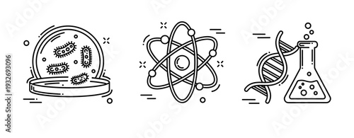 Science icons: bacteria, atomic structure, dna, and laboratory flask