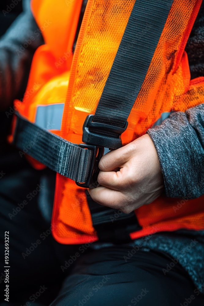 custom made wallpaper toronto digitalClose-up of a hand fastening a black buckle and strap on a bright orange high-visibility safety vest over a gray sleeve, conveying careful focus and caution