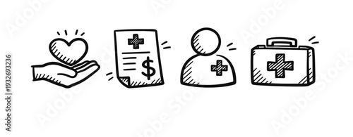 Healthcare icons: heart, insurance, medical staff, first aid kit in black and white