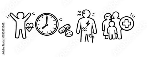 Health and illness concept with treatment and family support symbols