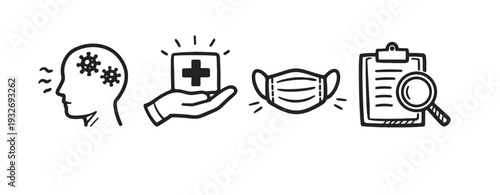 Health symbols: mental health, first aid, face mask, medical checklist icons