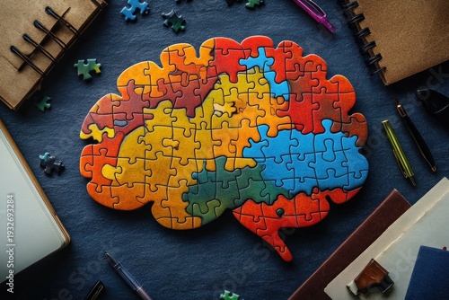 Wallpaper Mural colorful brain-shaped jigsaw puzzle on a dark textured desk surrounded by notebooks, pens and scattered pieces conveying playful focused creativity Torontodigital.ca