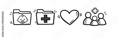 Child medical records and family healthcare concepts illustrated with icons