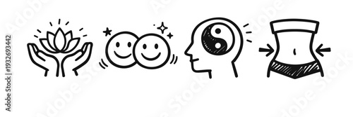 Symbols of wellbeing: yoga, happiness, mindfulness, fitness