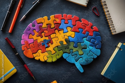 Wallpaper Mural Colorful brain-shaped jigsaw puzzle on dark desk surrounded by pens, notebooks and a small clip, evoking creative thinking and focused curiosity Torontodigital.ca