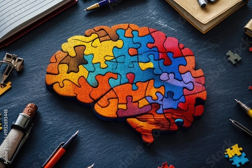Wallpaper Mural colorful brain-shaped jigsaw puzzle on dark desk with scattered pieces, pens, notebook, binder clip and cork conveying creativity and thoughtful problem solving Torontodigital.ca
