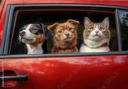 Wallpaper Mural two dogs and a cat peering out of a red car window with curious, hopeful and attentive expressions Torontodigital.ca