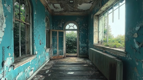 Wallpaper Mural Abandoned turquoise interior with peeling paint, arched doorway, broken floorboards, radiator and large windows opening onto overgrown greenery, eerie melancholic atmosphere Torontodigital.ca