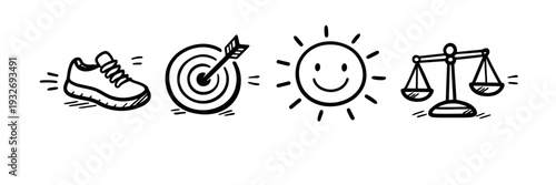 Hand-drawn doodle icons of shoe, target, sun, and scale on white background