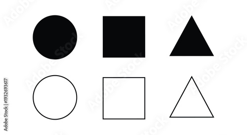 Basic geometric shapes vector illustration featuring filled and outlined circles, squares, and triangles for educational design graphics.