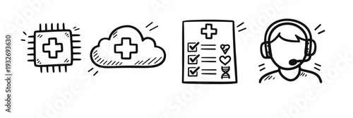 Healthcare technology icons: chip, cloud, checklist, customer support