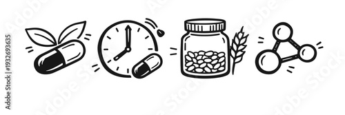 Natural supplements and time concept with capsules and molecular structure illustration