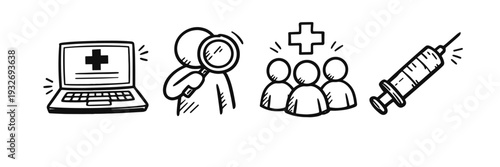 Healthcare icons: medical laptop, search, team, vaccine syringe