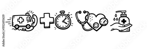Medical icons set: ambulance, cross, stopwatch, stethoscope, heart, sanitizer