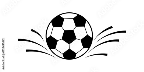 Soccer ball football icon with speed and goal background for a vector logo or team illustration. Sport graphic isolated by design, through flying foot motion with white abstract and black element