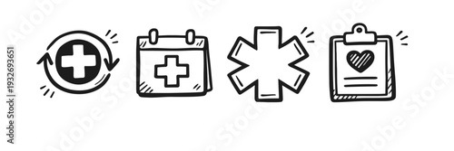 Black and white medical icons: healthcare, calendar, star, clipboard