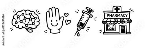 Healthcare doodle art: brain, helping hand, syringe, pharmacy building