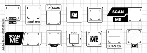 Scan me icon with qr code frame and sticker logo arrow. Design phone payment with shape vector qrcode and cta app website. Set mobile scan with tag scanner qr and badge square code