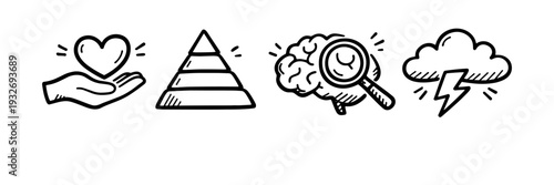 Hand holding heart, pyramid, brain with magnifying glass, cloud with lightning icon set