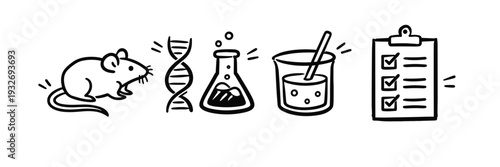 Scientific research icons: mouse, dna, beaker, flask, checklist