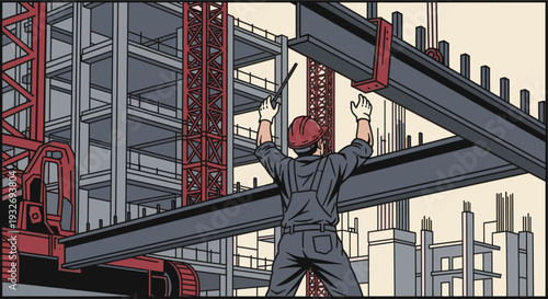 Illustration depicts a construction worker in a hard hat guiding a steel beam on a building site, with a crane and unfinished building in the background.