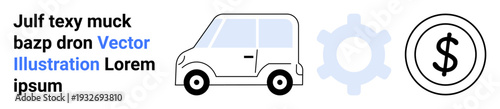 Automotive industry, mechanics, financial services, manufacturing, business models, car repair. Minimalistic car, gear and dollar sign icon trio. Automotive industry and mechanics illustration