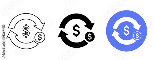 Dollar exchange icons: three variations in outline, solid, and color