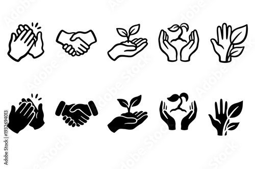 Hand gesture icon set with handshake clapping and plant holding vector