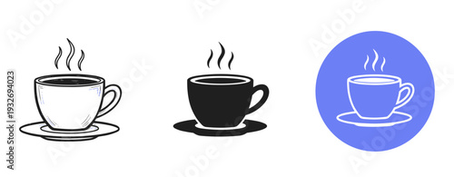 Set of three steaming coffee cup icons in black, white, and blue styles