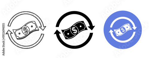 Three money circulation symbols in black, white, and blue variations