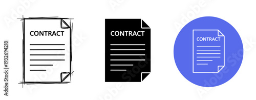 Set of three contract document icons in sketched, solid, and blue circle styles