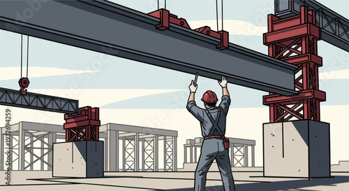 Illustration of a construction worker in overalls and hardhat guiding a steel beam lifted by a crane, on a construction site with foundations and cranes visible.