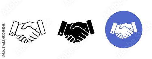 Icon set of handshake symbols in black and white with blue background variation