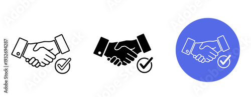 Handshake icons with check marks in black and blue variations