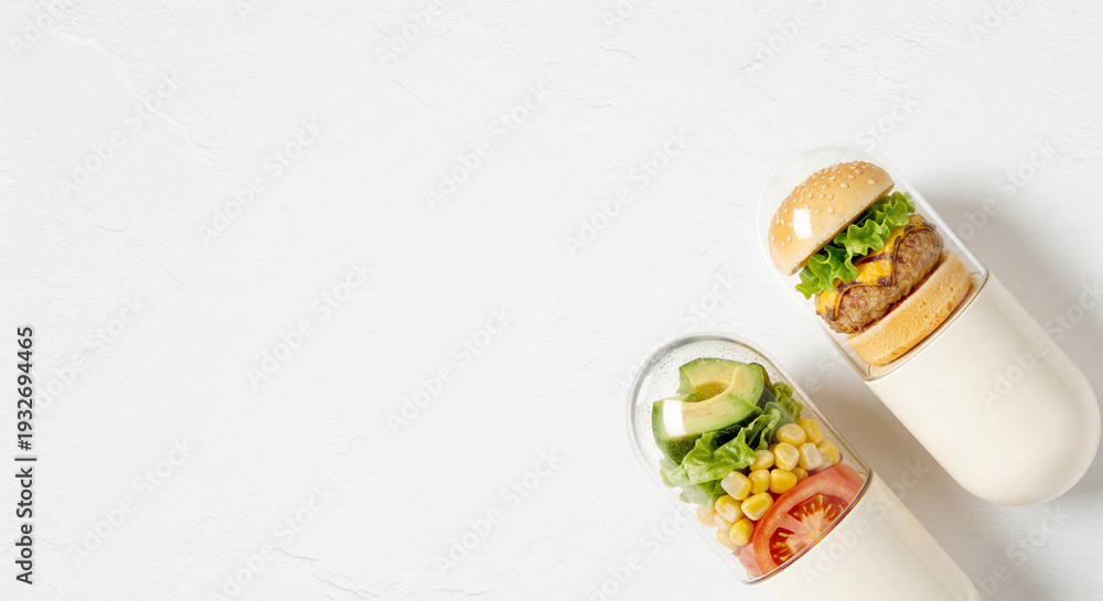 custom made wallpaper toronto digitalTop view transparent capsules with burger and fresh salad on white background, food as medicine concept for nutrition supplement banner design